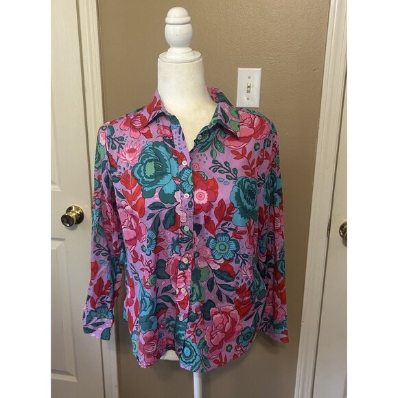 Talbots Cotton Button Front Shirt Sketched Blooms in Violet Petite M Lightweight - Picture 2 of 11